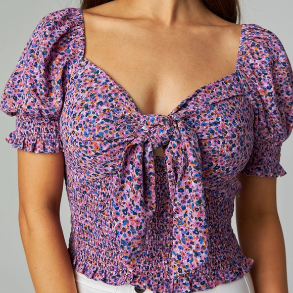 MILLIE SMOCKED TIE FRONT TOP - DITZY PURPLE - Picture 7 of 9